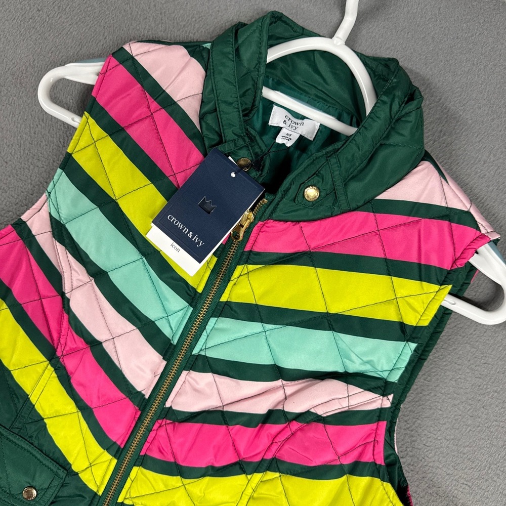 Crown & Ivy Icon Vest Women Medium Hunt Green Multi Stripe Quilted Zip Up NWT